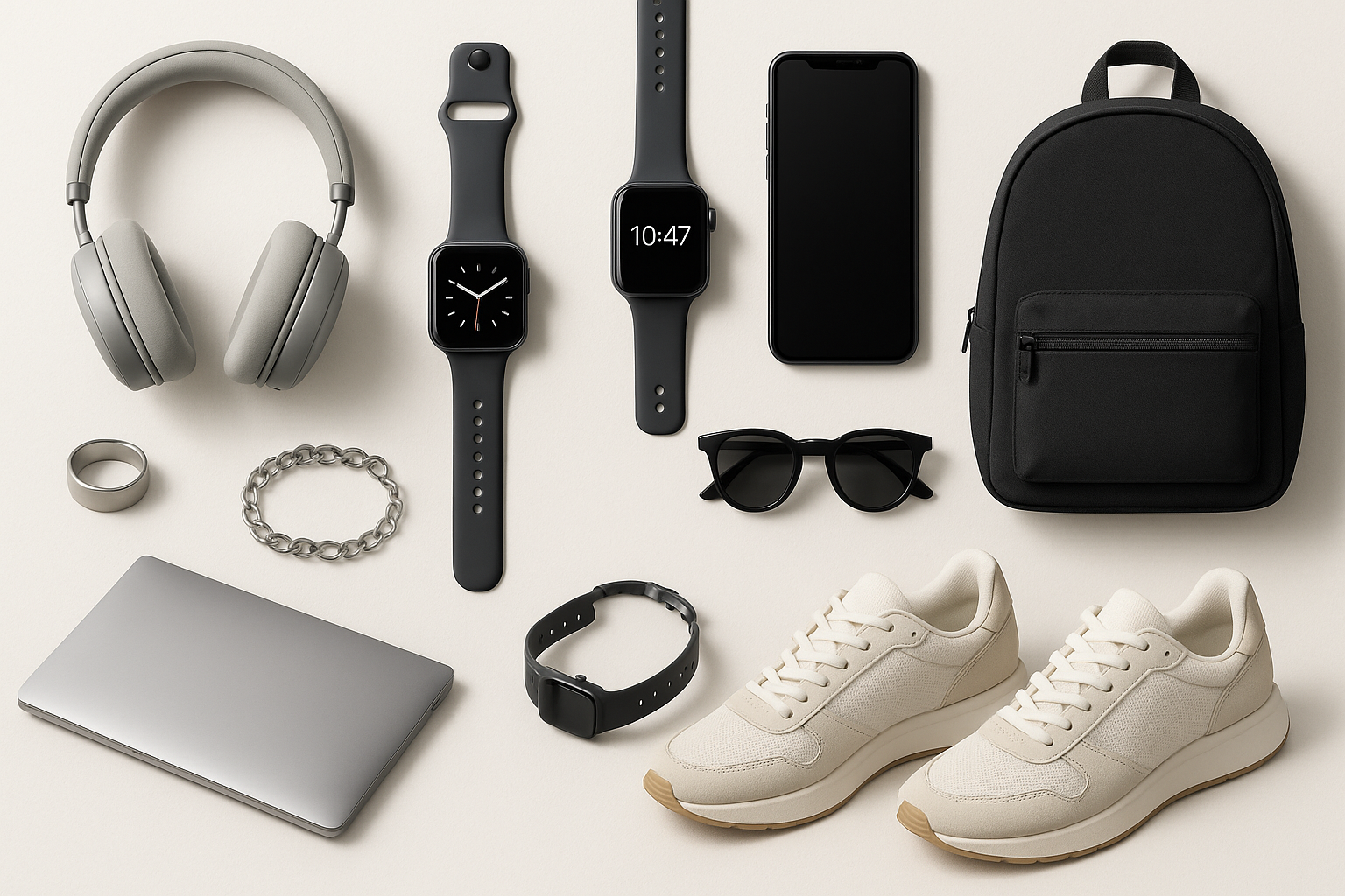 make a collage of gadgets and fashion model products for unisex provide a pic for me for website heading media with background white colour